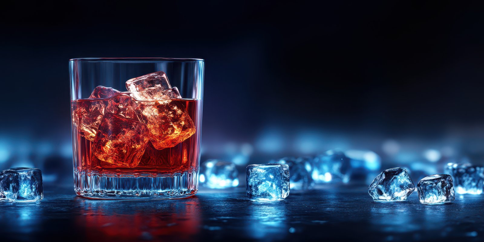 Cocktail with ice cubes on a dark background illuminated by blue light during an evening gathering